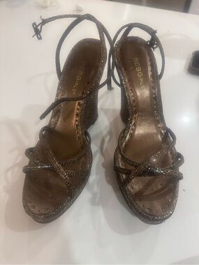 BCBGeneration Bronze Glitter Strappy Ankle-Tie Heels